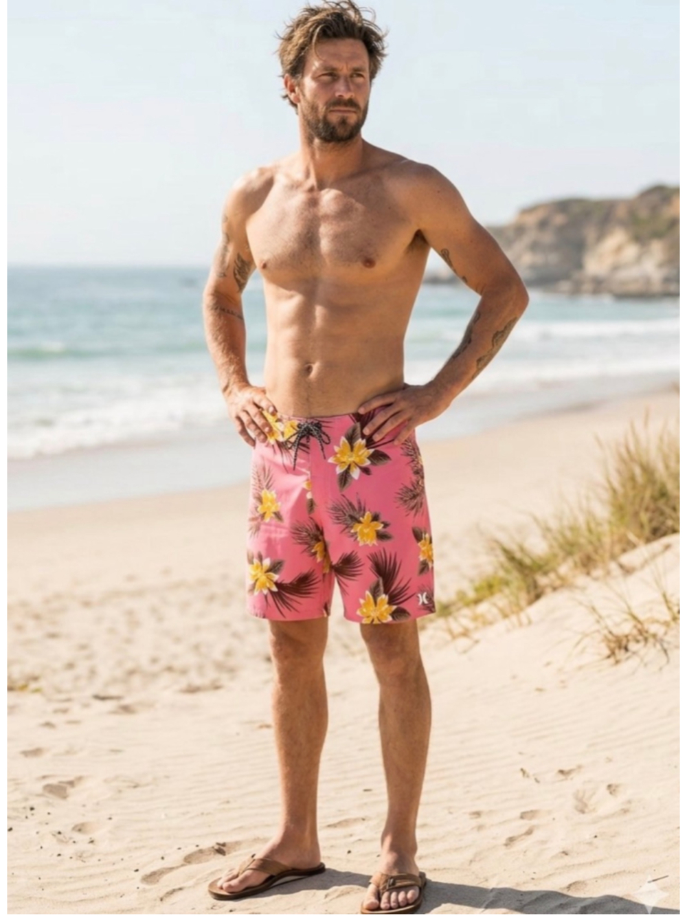 Men’s Hurley Board Shorts size 34 Pink Blossom Hibiscus 7 in Inseam Swim NWT